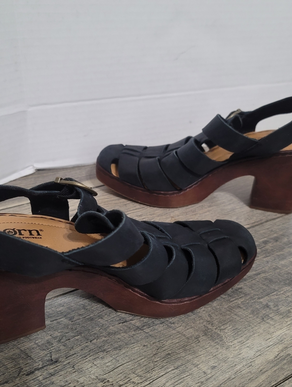 Born Hatley Black Leather Woven Slingback Chunky Heel Sandal Fisherman Style Sz8 - Picture 5 of 15
